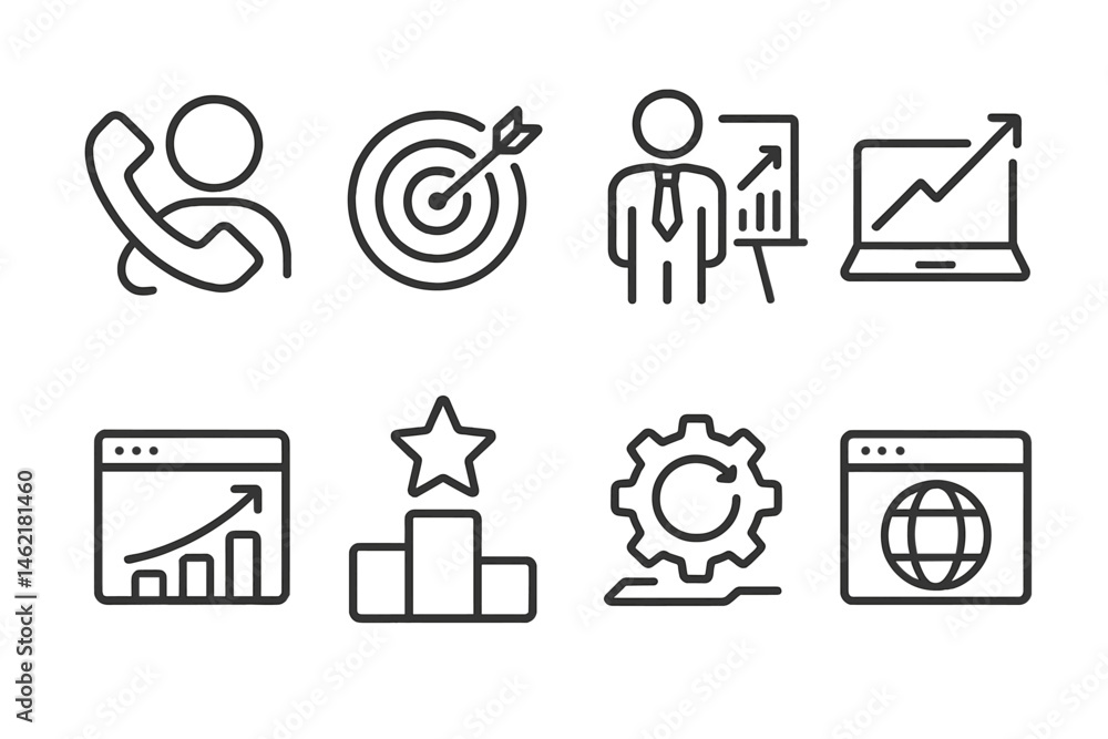 Poster professional growth and development icons representing success strategies and business analytics in 
