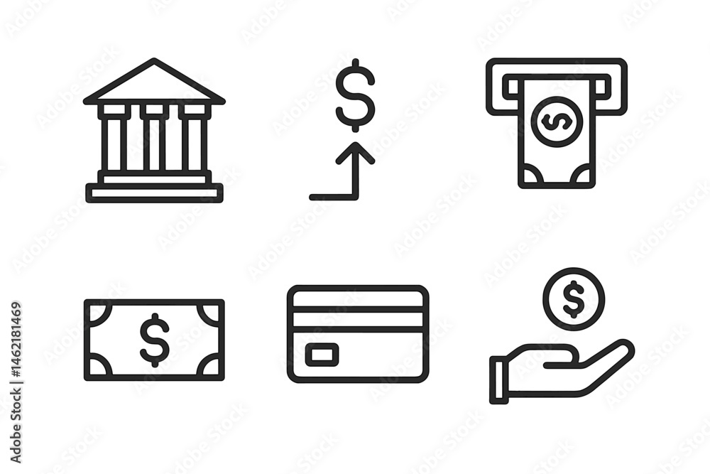 Poster collection of vector icons representing financial concepts including bank, cash, and payment methods