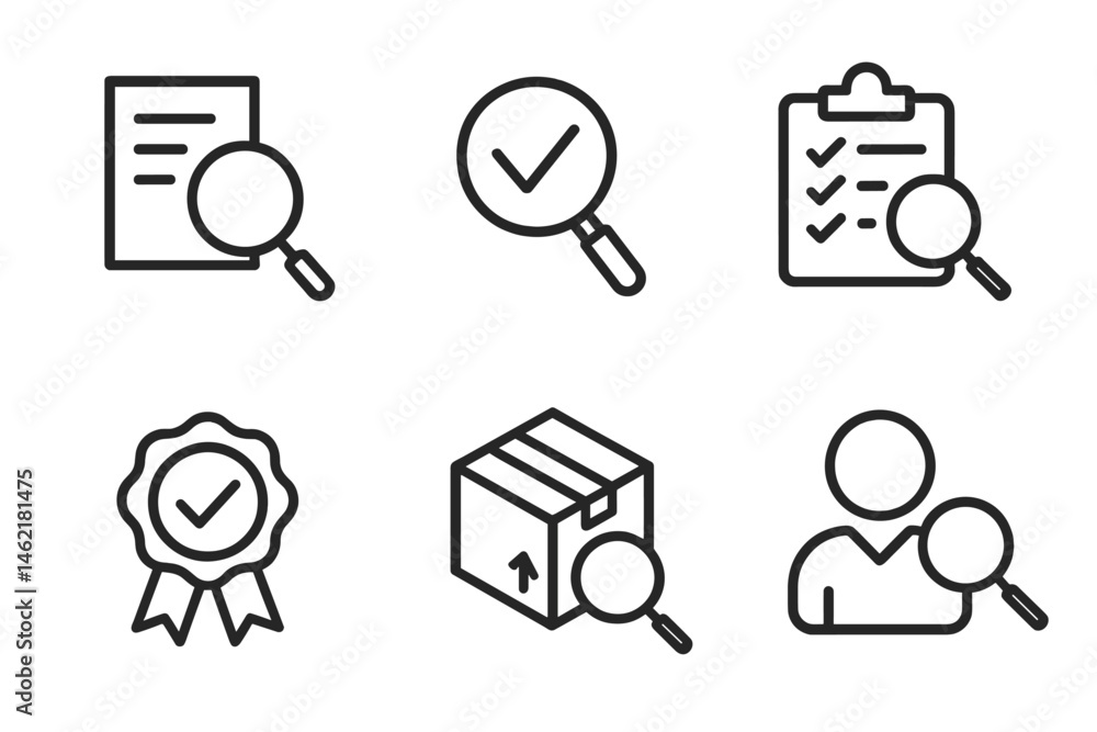 Poster vector illustration icons depicting search and verification activities related to documents and item