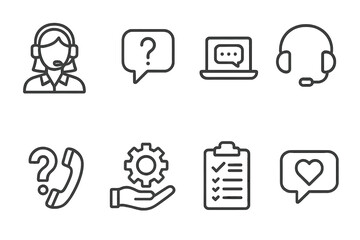 Vector illustration of customer service icons showing support activities and communication tools