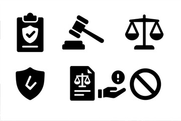 Legal icons representing justice, law enforcement, and compliance displayed in a vector illustration format for educational use