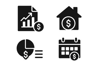 Financial growth and planning icons representing investment, savings, real estate, and budgeting