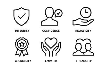 Illustration of essential values such as integrity, confidence, and empathy represented by simple icons in a clean design