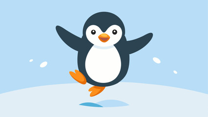 Excited Leap A joyful penguin midwaddle caught in a moment of excitement as it leaps into the air with flippers spread wide. The background features soft blue and white gradient