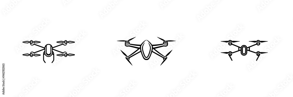 Poster vector illustration icons of three different drone designs showcasing various styles and features in