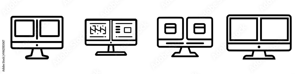 Poster icon set featuring various computer monitor designs for technology and digital user interface repres
