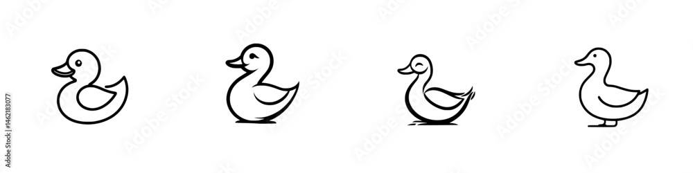 Poster vector illustration of four different duck designs showcasing various poses and expressions in a min