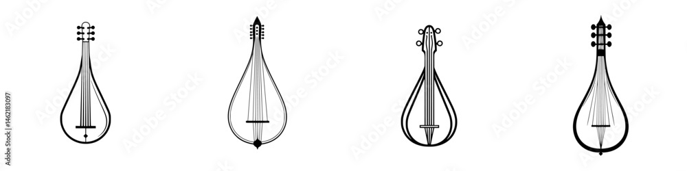 Poster collection of vector illustration icons depicting various string instruments in detailed line art st