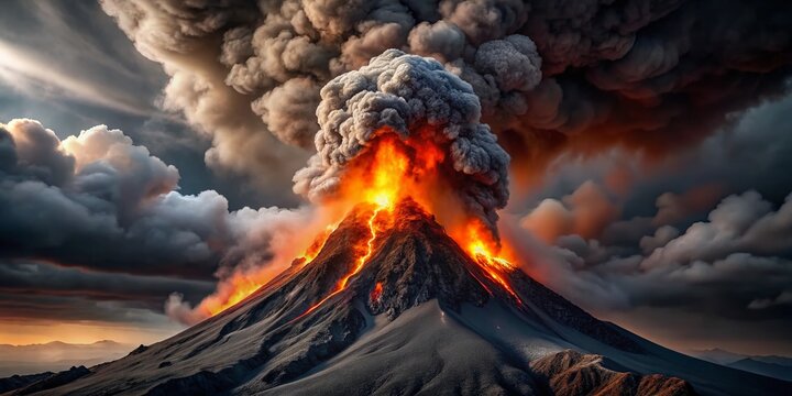 Fiery Volcanic Eruption Stock Photo: Realistic Explosion on Black Background with Smoke and Dust Clouds