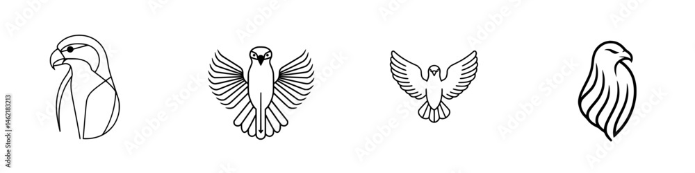 Poster vector illustrations of hawks displaying various artistic styles and poses in a minimalist design