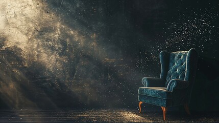 Empty wooden chair in quiet room with sunbeam through window, conveying solitude, nostalgia and melancholy. Minimalist concept of loneliness and waiting for someone.