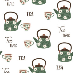 Seamless pattern with teapot and mug. Flat graphic tea vector illustration. Cartoon ceramic teapot and mug. Hot drink, cozy morning composition, tea party.