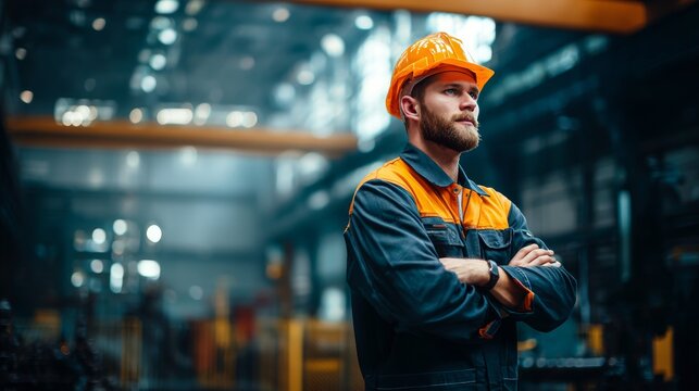 Portrait of TEAM Industry maintenance engineer man wearing uniform and safety hard hat on factory, with copy space - Powered by Adobe
