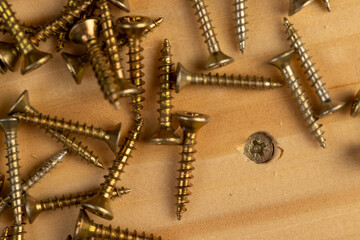 one golden screw twisted into a board, a board fixed with a screw in closeup, side view