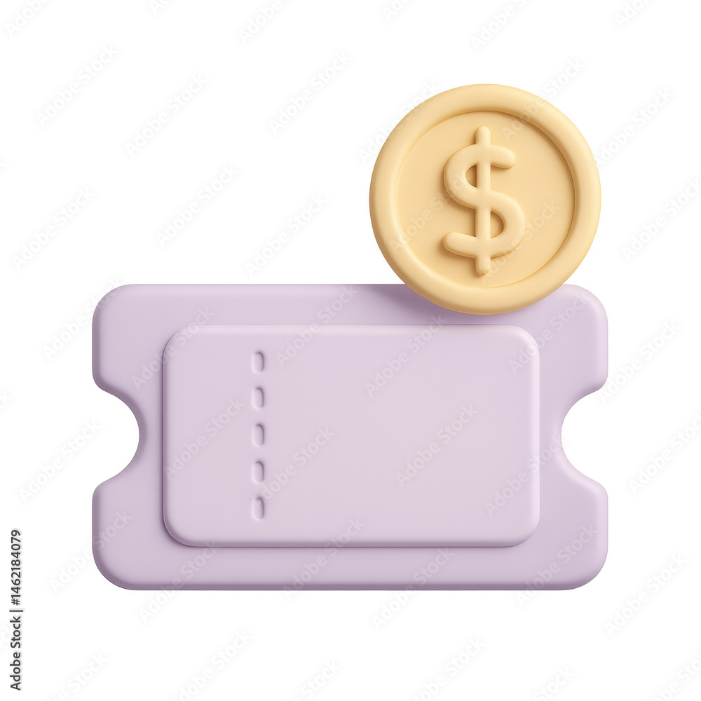Poster ticket with dollar: a 3d rendering presents a stylized ticket paired with a golden coin bearing the 