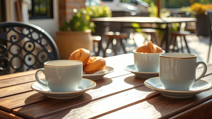 Obraz premium Fresh Muffins and Coffee Enjoyed at Sunny Outdoor Cafe Morning Scene
