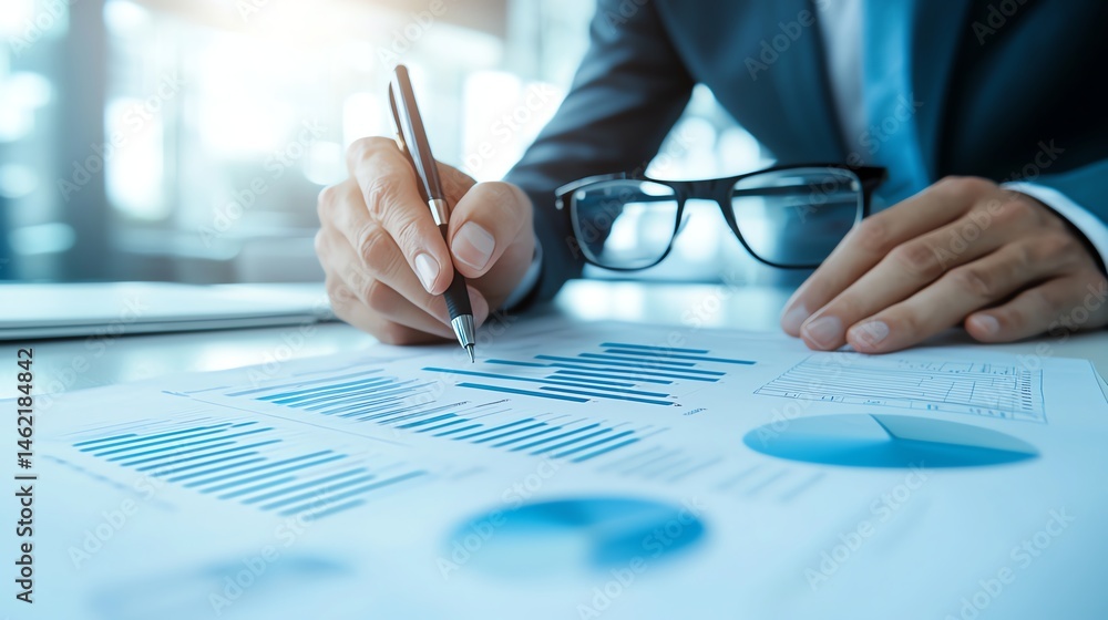 Poster a business professional analyzing financial data with graphs and charts. the person is writing notes