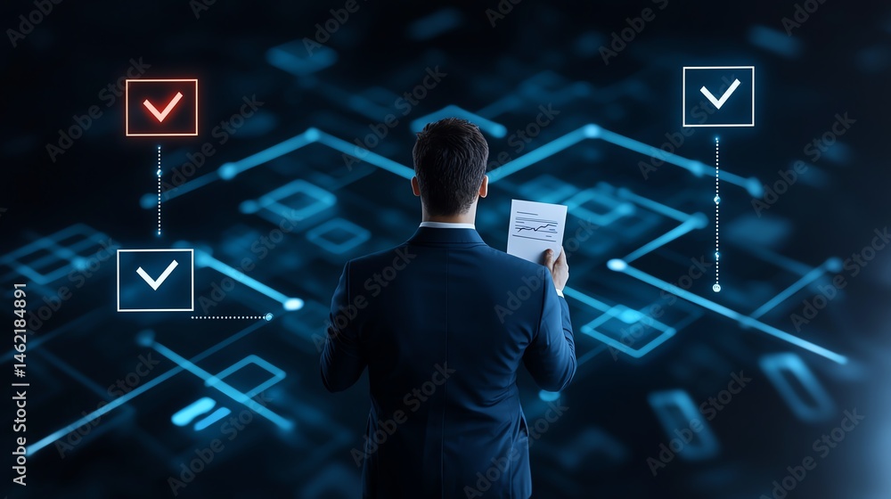 Poster a business professional examines a document while analyzing digital data flow and decision-making pr