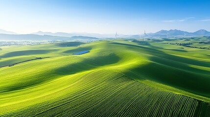 A breathtaking view of lush green hills and rolling landscapes under a clear blue sky, showcasing nature's beauty and tranquility. Ideal for nature lovers and peaceful scenery.