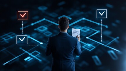 A business professional examines a document while analyzing digital data flow and decision-making processes in a modern environment, symbolizing technology and innovation.