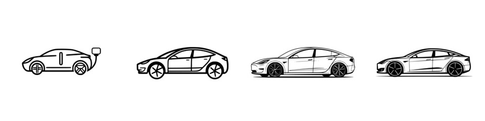 Electric car evolution from charging icon to detailed vector illustration illustrating design progression
