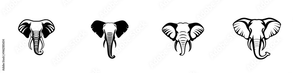 Poster elephant head vector illustration icons depicting different styles and expressions in a minimalist d