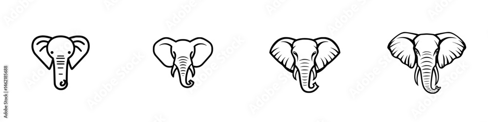 Poster vector illustration of four distinct elephant head designs showcasing various features and expressio