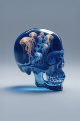 Glowing jellyfish living inside transparent human skull