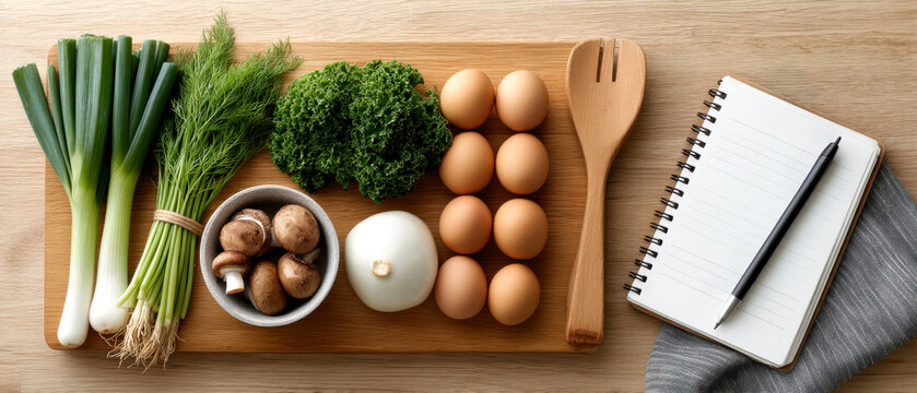 Fresh vegetables, eggs, and mushrooms on a cutting board with a notepad and pen, ready for cooking or recipe planning.