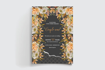 WEDDING INVITATION FRAME WITH FLOWER DECORATIONS AND FRESH LEAVES