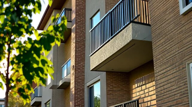 Modern apartment building with balconies, sunbeams