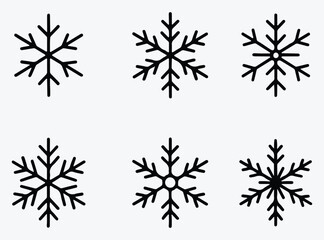 six black snowflake icons with intricate symmetrical designs on a light gray background