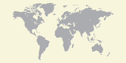 gray world map silhouette with faint country outlines on white background