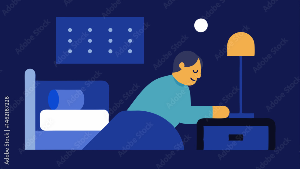 Poster nighttime reading a person in bed using a bedside braille display with a soft lamp glowing illustrat