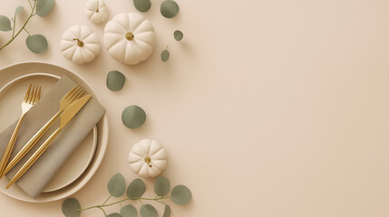 Obraz premium Minimalist Thanksgiving table setting with white pumpkins, gold cutlery, beige napkin and eucalyptus leaves on neutral background, autumn celebration and seasonal decor concept