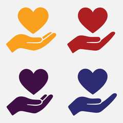 open hands holding colored hearts vector set on gray backdrop in minimalist style