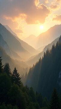 Golden sunrise over mountain range, misty valley landscape