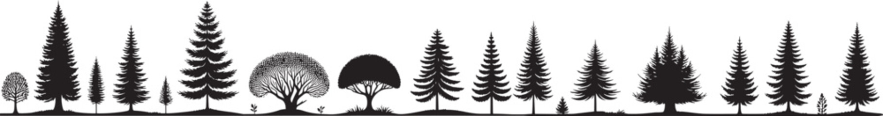 set of 14 black tree silhouettes in an uneven horizontal line on a transparent background