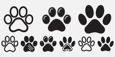 Fototapeta premium black paw print icons set with solid and outline styles on a white background 