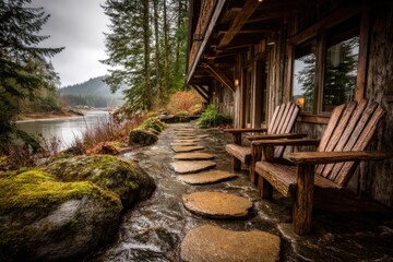Obraz premium Cozy riverside cabin with rustic seating and nature views during overcast weather
