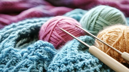 Closeup Knitted Fabric Yarn Balls Needles Craft