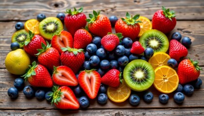 Obraz premium a variety of colorful, ripe fruits such as strawberries, blueberries, and kiwis arranged neatly on a rustic wooden table.