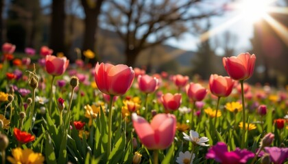 Obraz premium as the sun shines down on the meadow, the vibrant tulip blossoms seem to glow with an inner radiance, illuminating the surrounding grass and wildflowers.