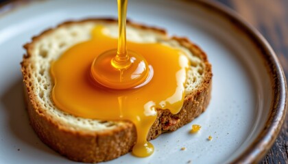 a dollop of rich, golden honey drizzled over a slice of bread, creating a sweet and savory flavor combination that melts in your mouth.