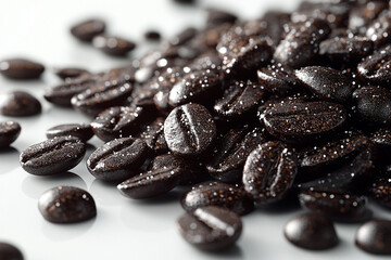 Obraz premium **Close-Up Of Dark Roasted Coffee Beans, Scattered On A White Background, Soft Lighting Accentuating Their Glossy Surface, Perfect For Branding --Ar 3:2 --S 640 --V 6.1 --Raw** - @Darya (Relaxed)