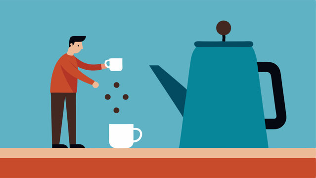 Overwhelmed Perspective A tiny figure stands on a kitchen counter gripping a large coffee pot as they tilt it over a colossal coffee cup. The mug is so enormous that the tiny human