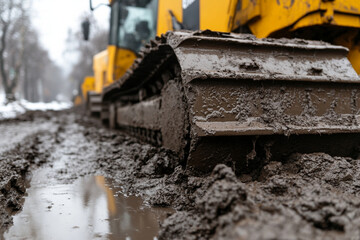 Fototapeta premium Bulldozer leveling muddy ground at construction site during overcast weather