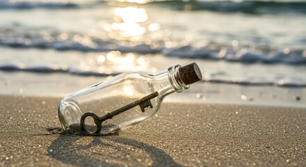 Glass bottle with a vintage key washed ashore on a sandy beach during sunset - image of a key