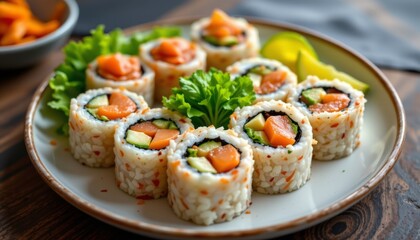 this tasty and wholesome lunch selection includes a mix of succulent seafood, seasoned rice, and assorted vegetables all expertly rolled into sushi rolls for a delicious and nutritious meal option.