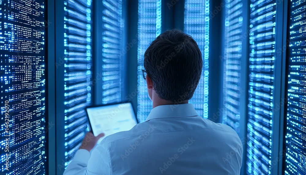 Poster a professional interacts with advanced data servers in a high-tech environment, showcasing the impor